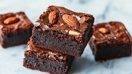 Rich and fudgy brownies with slivers of almond and a drizzle of caramel sauce 