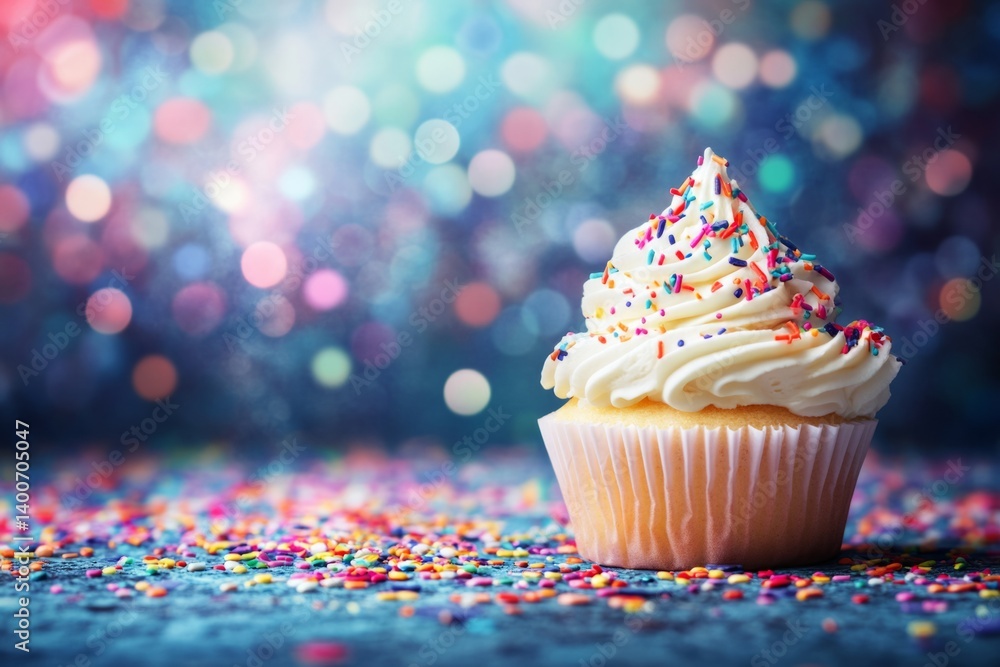 Poster single cupcake with frosting and sprinkles sits on a colorful, sparkling surface, creating a festive
