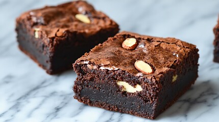 Rich and fudgy brownies with slivers of almond and a drizzle of caramel sauce 