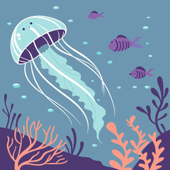 Fototapeta premium Jellyfish emoji glowing under water with tropical vibes
