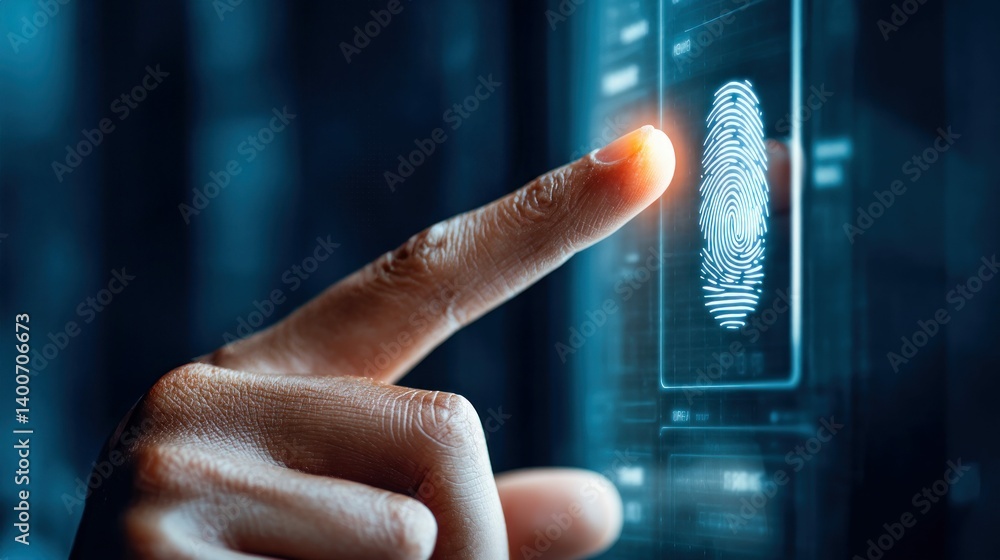 Poster a finger interacts with a digital fingerprint scan, highlighting security and access.