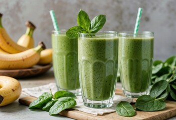 Fototapeta premium Healthy green smoothies with bananas and spinach on wooden table 