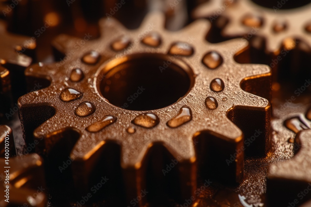Poster water drops resting on interconnected metallic gears creating an industrial and mechanical backgroun