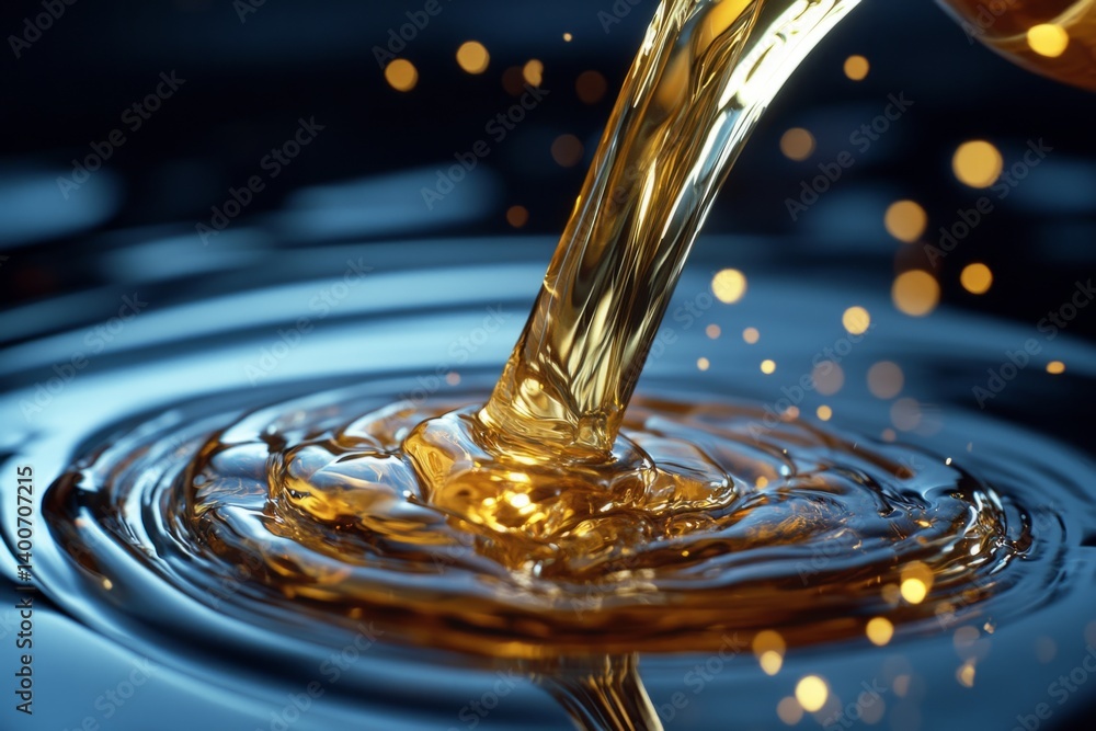 Poster stream of golden liquid pouring into a pool, creating concentric ripples and sparkling particles