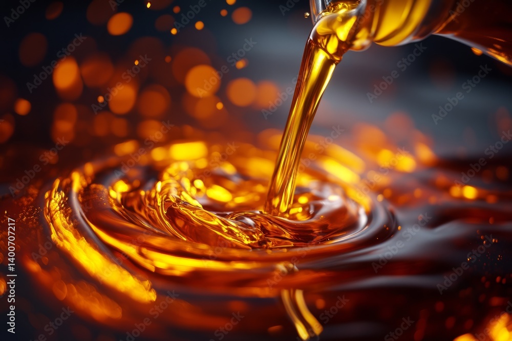 Poster golden liquid pouring from a bottle into a pool of the same liquid, creating splashes and ripples, w