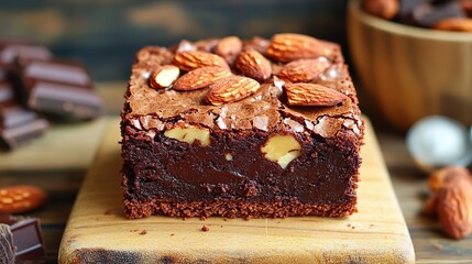 Rich and fudgy brownies with slivers of almond and a drizzle of caramel sauce 