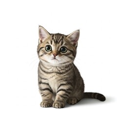 A tabby kitten sitting on a white background.