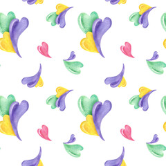 Seamless watercolor pattern with swirling colored hearts isolated background. sunny yellow, fresh green, soft purple, and playful pink hearts illustration. For festive gift wrap, party decor, textile.