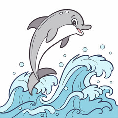 Obraz premium Cute dolphin emoji jumping over ocean waves with joy