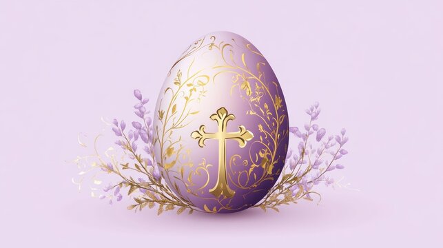 Decorated Easter Egg with Cross and Floral Design on Pastel Background