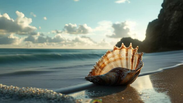Captivating shell resting on the shore during sunset by the ocean waves