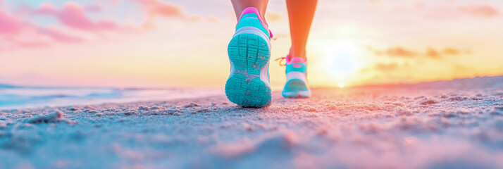 Plakat Active lifestyle: Woman's stride on sand at sunset