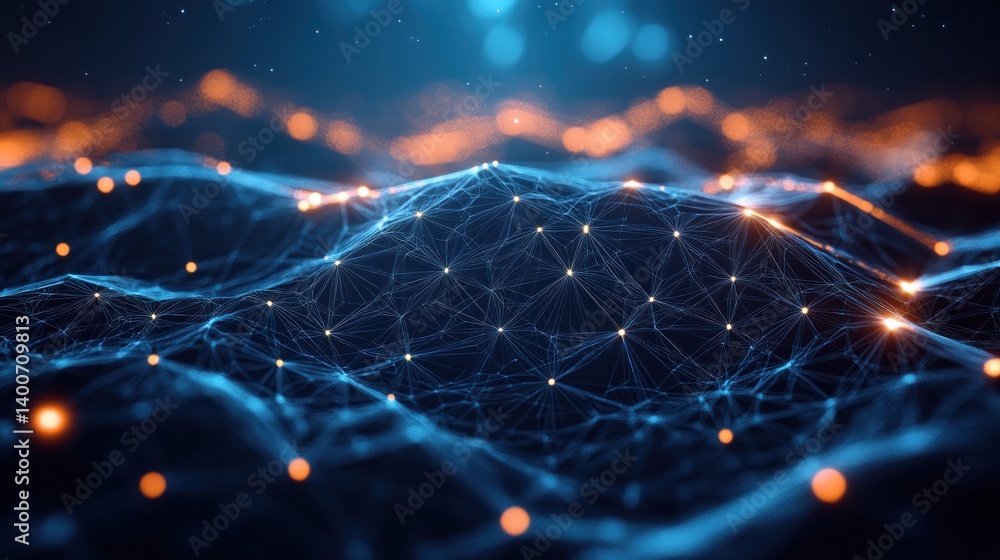 Poster abstract network landscape with glowing nodes and interconnected lines representing data flow commun