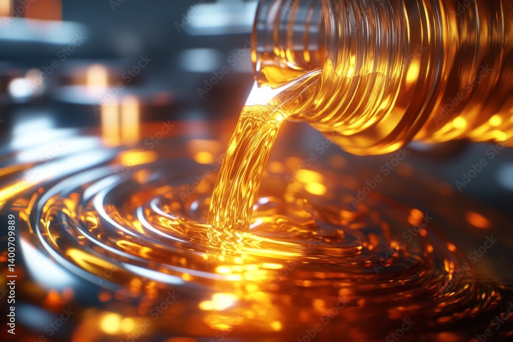 Aufkleber golden liquid pouring from a bottle, creating concentric ripples on a surface, showcasing viscosity 
