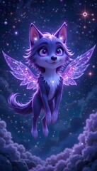 Fototapeta premium Magical Purple Wolf Pup Soaring Through a Starlit Night Sky