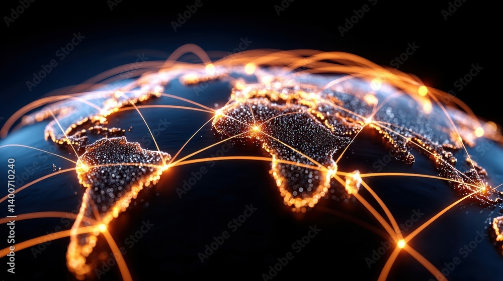 Poster a stunning visual of a global network with luminous lines connecting countries on a world map.