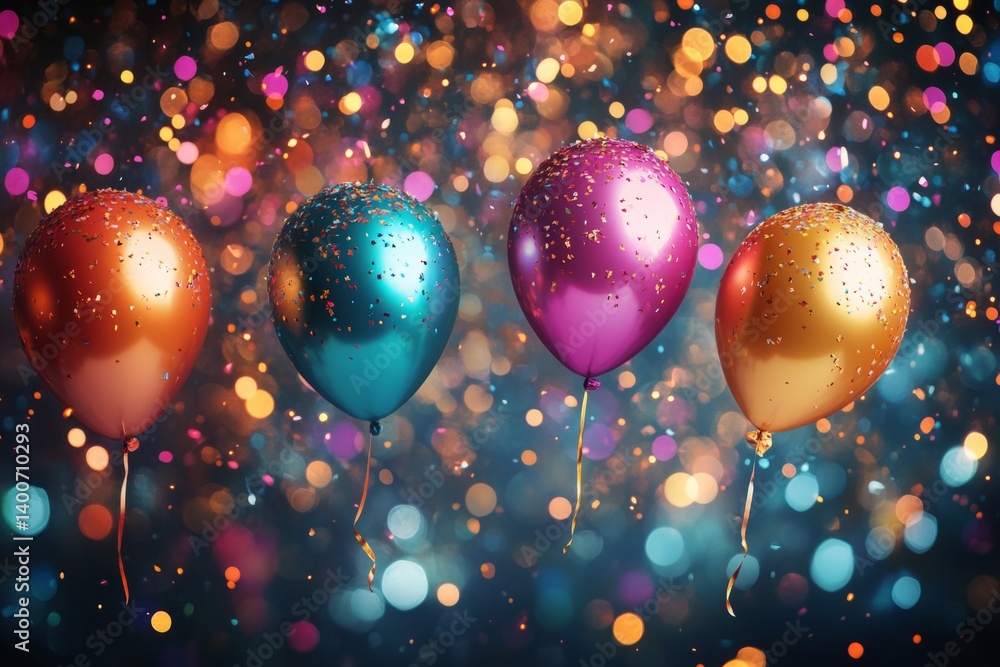 Poster four colorful balloons floating with falling confetti on a festive, shiny, bokeh background create a
