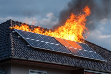 Flames engulfing solar panels on a residential rooftop, highlighting potential fire hazards and insurance implications