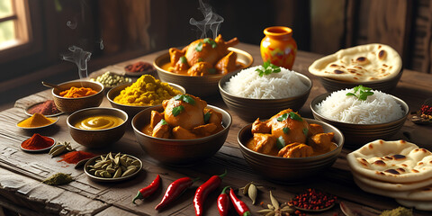 Array of Indian Dishes with Chicken Curry Rice Naan and Spices on Rustic Wooden Table