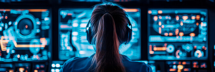 Woman in a Control Room Monitoring Complex Systems, Technology, Engineering, Cyber Security