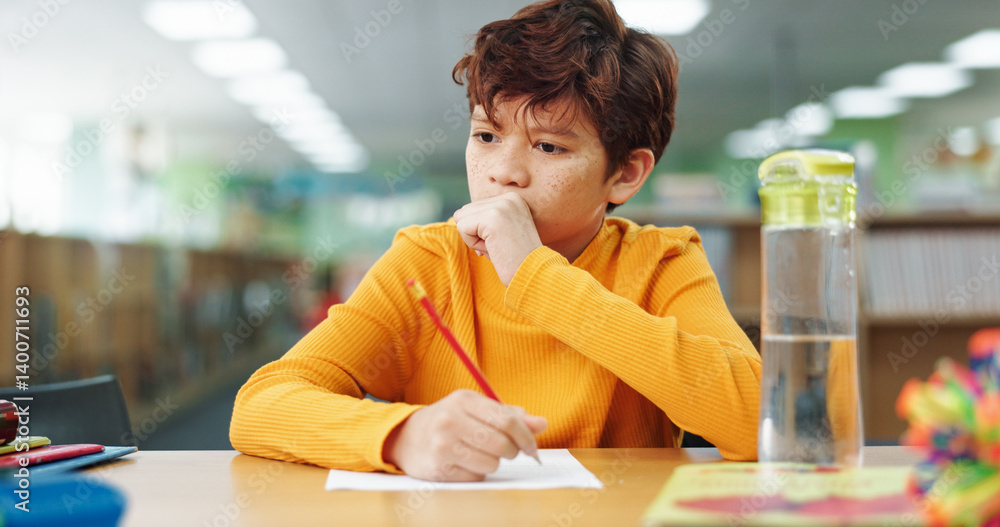 Poster Boy, education and writing with thinking at library for test, study or development with problem solving. Child, notes and solution with learning, assessment or school project with scholarship in hall