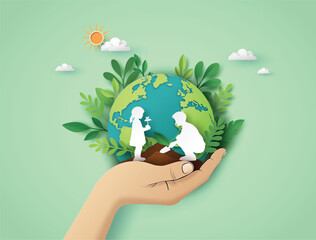 Save the Earth Concept with Children Planting and Hand Holding Globe