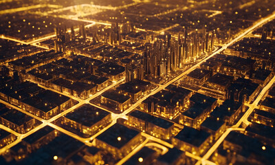 A golden glowing circuit board shaped like a city, symbolizing startup ecosystem, viewed from above, with pulses of light moving through pathways.
