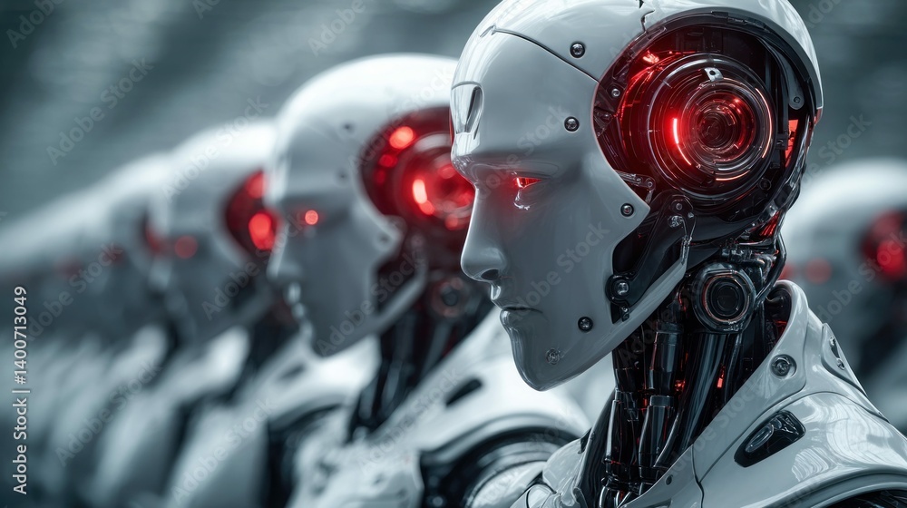 Poster close-up shot of a line of advanced robots with glowing red eyes in a futuristic setting.