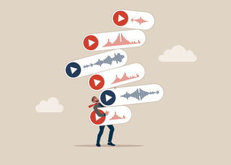 Businessman hold of stack of voice messages. Modern vector illustration in flat style.