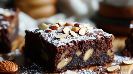 Homemade brownies with gooey fudge center, topped with crunchy almond flakes 