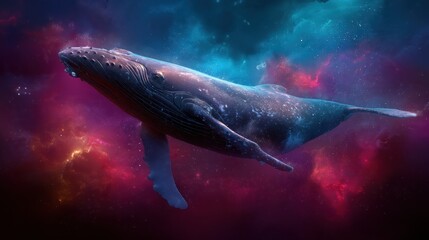 Fototapeta premium Majestic Humpback Whale Swimming Through a Cosmic Nebula, Captured in Vibrant Details with Dreamlike Colors, Evoking a Sense of Wonder and Serenity in an Ethereal Setting