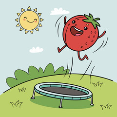 Bouncing Tomato Laughing Mid-Air on Trampoline – Fun and Playful Vegetable Character Vector
