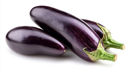 Three purple eggplants are sitting on a white background