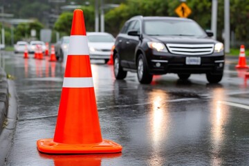 Orange traffic cones guiding cars on wet road during daytime