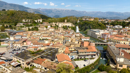 Obraz premium Aerial view of Isola del Liri, simply known as Isola Liri. It is an Italian city of Lazio, Italy, in the province of Frosinone. The town is famous for the waterfall in the historic center.