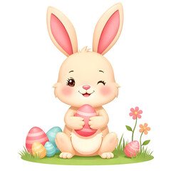 A cute cartoon Easter bunny with soft fur, big sparkling eyes, and a cheerful smile, sitting on grass surrounded by colorful decorated eggs. Transparent background. 