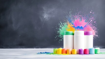 Obraz premium Three colorful paint bottles with splashes of vibrant paint on a dark background, artistic composition with bright hues, and creative concept.