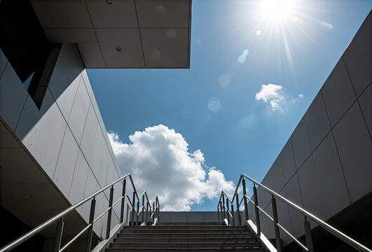 Stairway to the sky with geometric architecture and bright sunlight shining on a beautiful day.