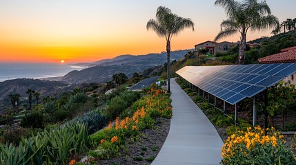 Stunning Sunset View Oceanfront Pathway with Solar Panels and Lush Landscaping