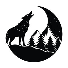 A wolf howling with mountains inside silhouette on white background