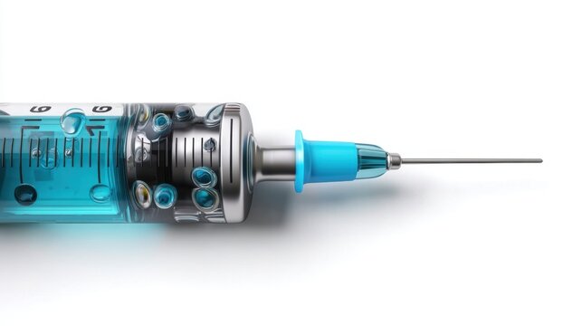 A close-up studio shot reveals a detailed medical sye filled with a vibrant blue liquid and tiny particles against a stark white background ideal for healthcare or medical