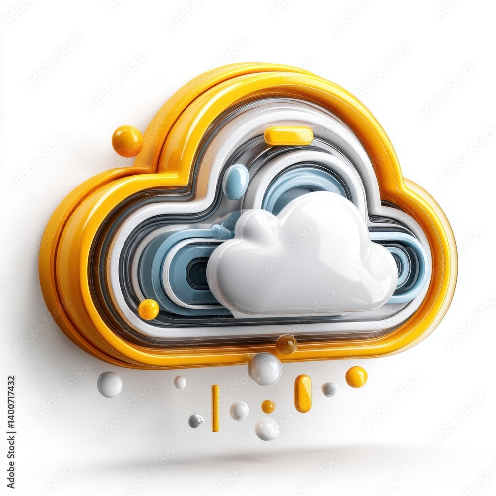 Poster a stylized 3d illustration of a cloud computing icon featu a vibrant yellow and layered design with 