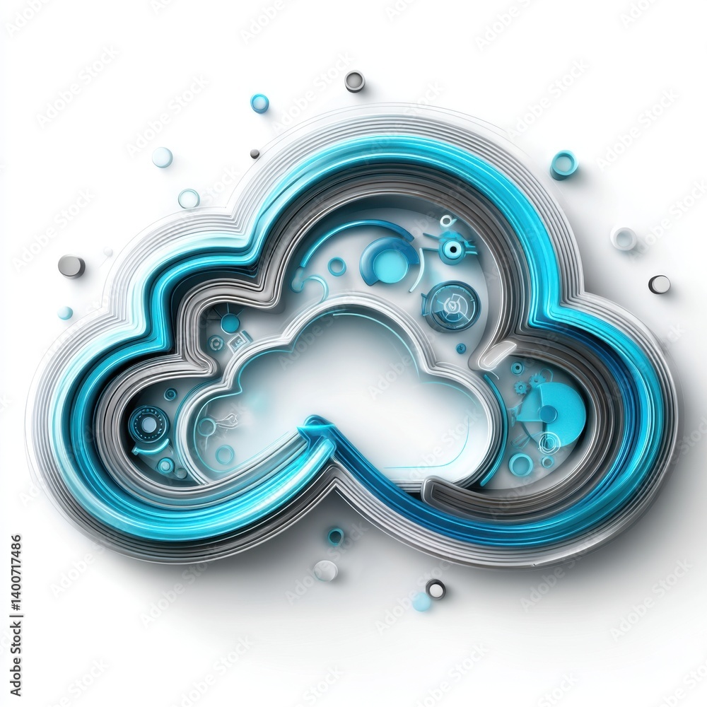 Poster an abstract 3d cloud computing icon design features layered teal and grey ribbons forming a stylized
