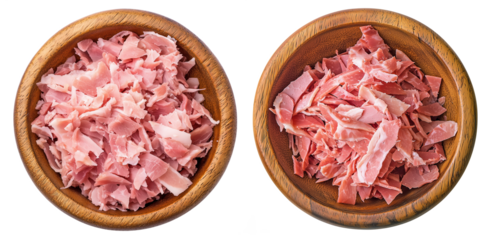 Top view of shredded cooked ham in round wooden bowls, isolated on white or transparent background, ideal for food packaging, meal prep visuals, or cooking ingredient concepts