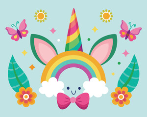 Cute Rainbow Unicorn Illustration with Flowers and Butterflies