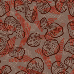 Seamless vector pattern with dark brown line flowers, striped orange shapes and soft dotted textures on cocoa beige background