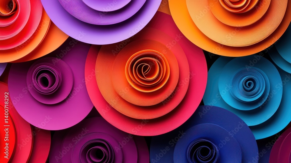 Poster colorful paper coils arranged in a mesmerizing spiral formation creating a vibrant and abstract desi