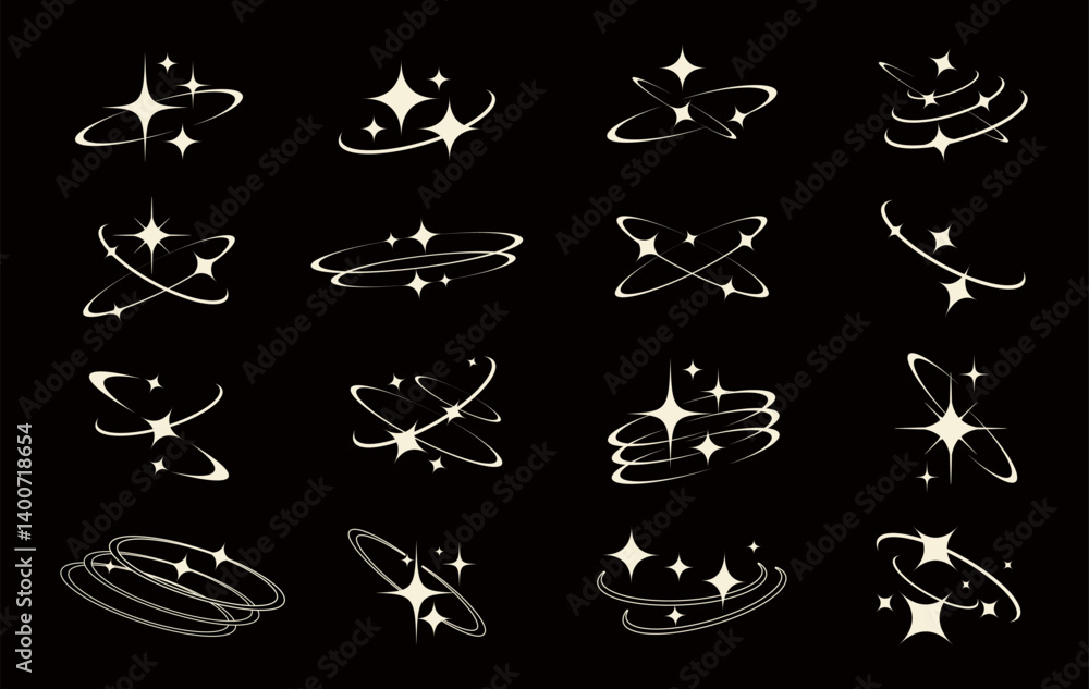 Wall mural stars with orbit line set vector. stylized sparkling frame and border. icon and symbol concept