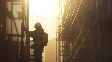 Construction worker securing scaffolding at a building site. Featuring strength and safety