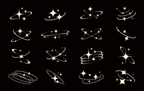 stars with orbit line set vector. stylized sparkling frame and border. icon and symbol concept
